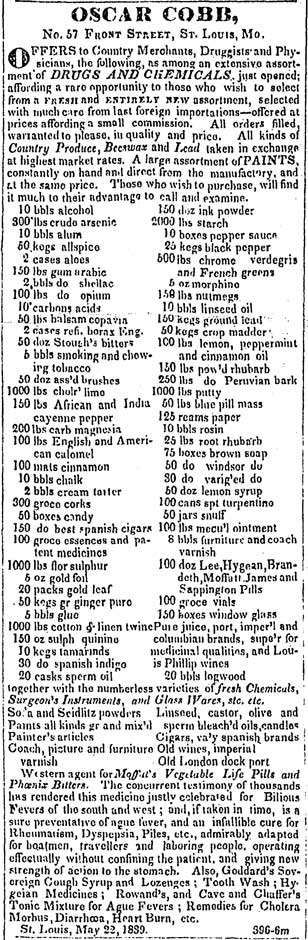 Ad for Oscar Cobb's drug store in St. Louis
Sangamo Journal, 7 Jun 183926