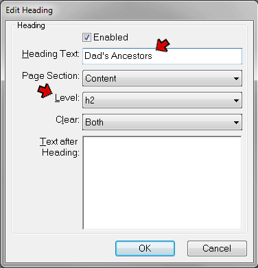 Edit Heading screen