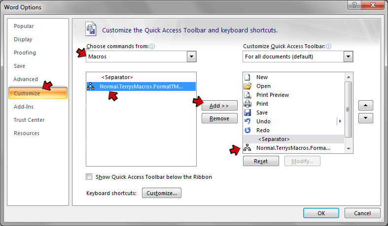 Word Options screen