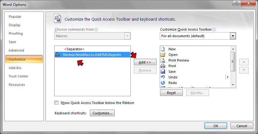 Word Options Screen