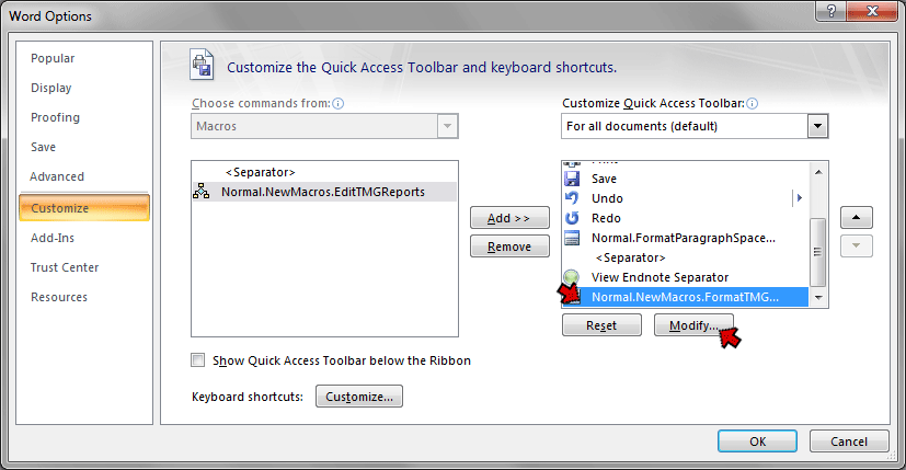 Word Options screen