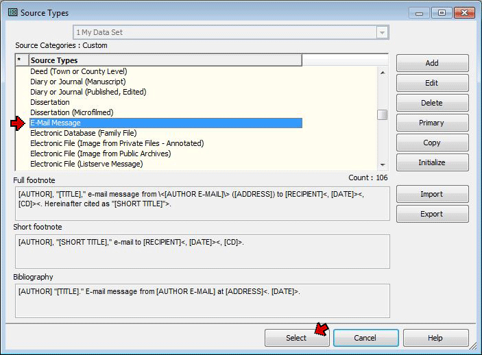 Source Types screen